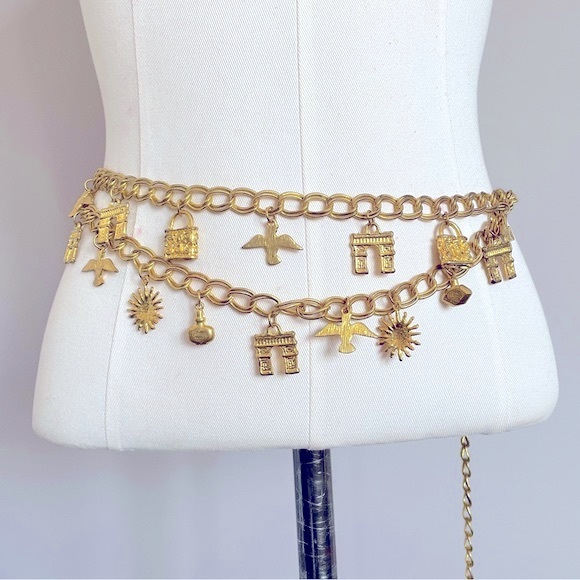 Vintage Accessories - Vintage 70s Balenciaga Cialenga Paris Gold Double Chain Charm Belt 🇫🇷